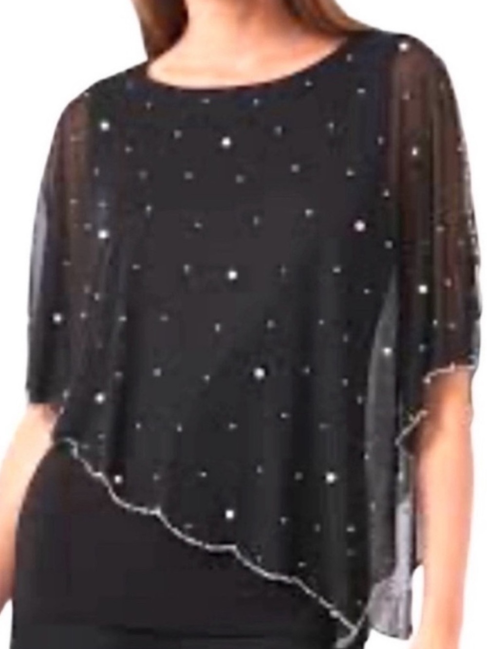 Chaus Embellished Sheer Overlay Blouse Pearls Rhinestones Black Size M